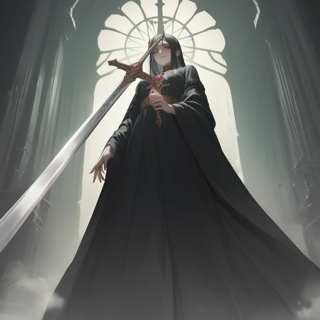 Woman holding a giant sword,Black Robe, Decayed ornaments,Gives a sense of fear to those who see it, Once known as the Sword Saint,In charge of divine punishment, Strong feeling, I am aware of this, pale colour, Highest quality, Horror, Corpses all around,Dark light with ruined castle in the background, Sharpen lines, finely, high resolution, 4K