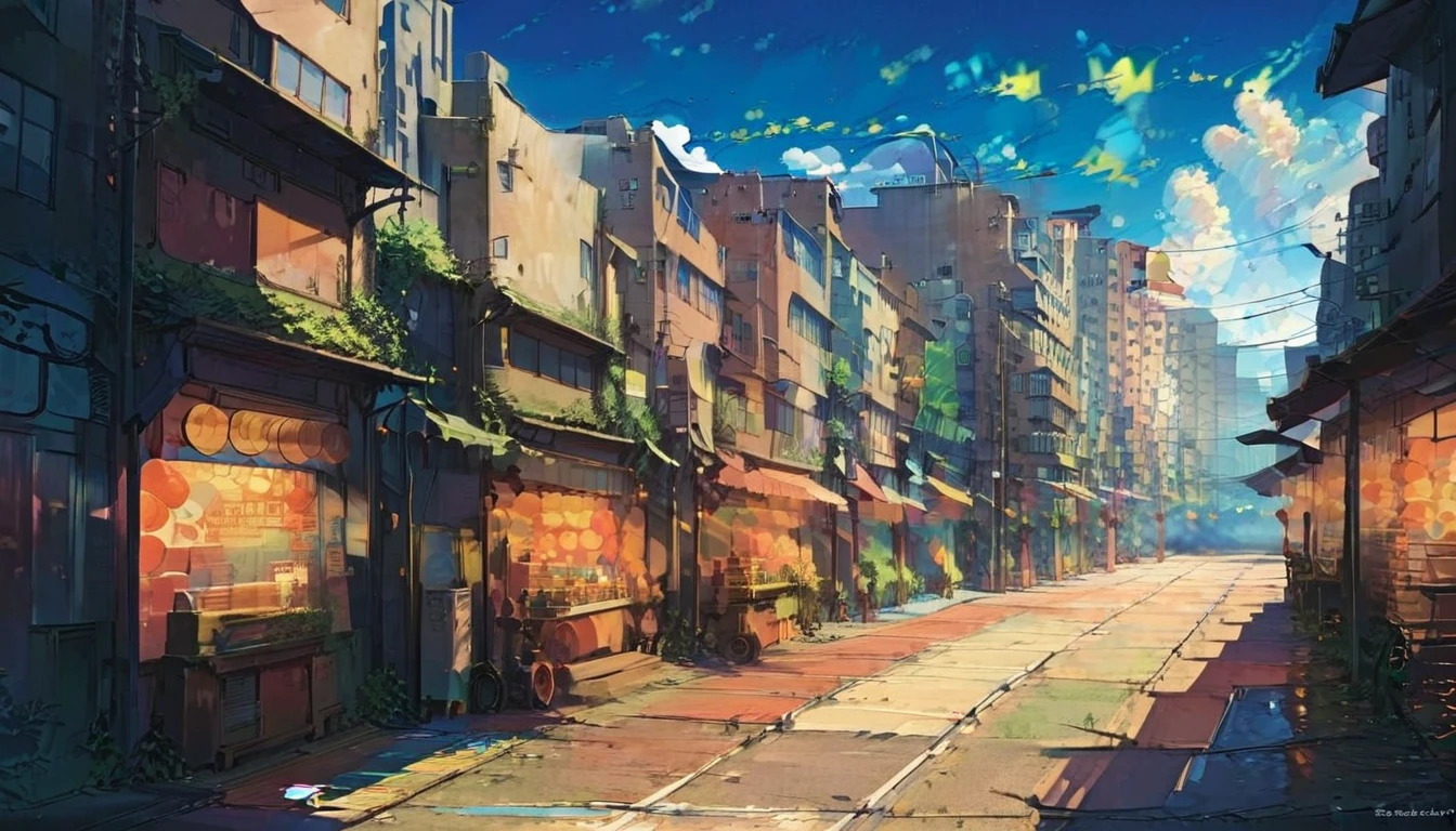 ilustration Anime background, busy downtown street, style of tekkonkinkreet, anime semi realist