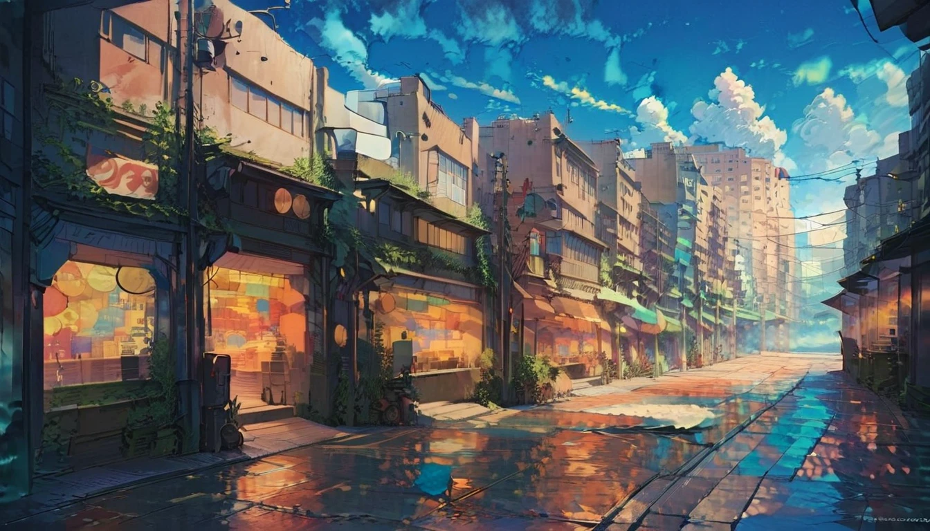 ilustration Anime background, busy downtown street, style of tekkonkinkreet, anime semi realist