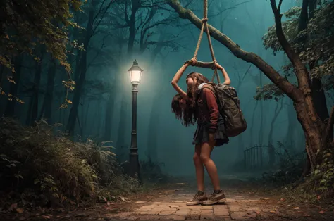 a haunting masterpiece, of unparalleled quality, showcasing a tragic scene of a teenage girl hanging from a tree. the rope aroun...