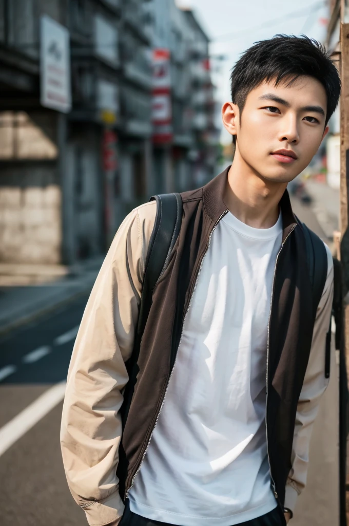 Masterpiece, best quality best, 1 young man, Asian man, East Asian people, one person, The muscles are in good proportion., Posing obscenely, short hair details， white teeth, jacket set, road background, Realistic style，photography，Can be seen from the front, see viewers