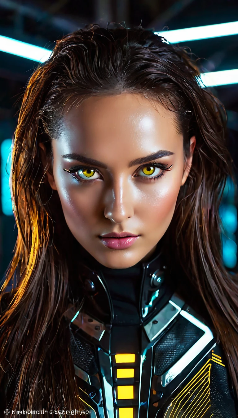 olhos amarelos brilhantes, Ultra-detalhado,cores vibrantes,sci-fi,Retrato,iluminação dramática,características faciais detalhadas,fundo escuro,cabelo longo,olhos brilhantes,roupas futuristas,rosto inexpressivo,Textura metálica,destaques brilhantes,Alto contraste,cores radiantes,tema inteligência artificial,foco nitído,elementos tecnológicos,Sombras e destaques,brilho etéreo,luzes de neon,atmosfera tempestuosa,cenário de outro mundo,composição não convencional,Linhas nítidas,design atraente,atmosfera misteriosa,Beleza sobrenatural,melhorias digitais,tecnologia avançada,circuito brilhante,fundo abstrato,presença sinistra,reflexos sutis,Pose energética,perspectiva única,efeito de escorço,Composição simétrica,presença imponente,energia dinâmica,impacto visual impressionante,sobreposições translúcidas,fusão orgânica e mecânica.