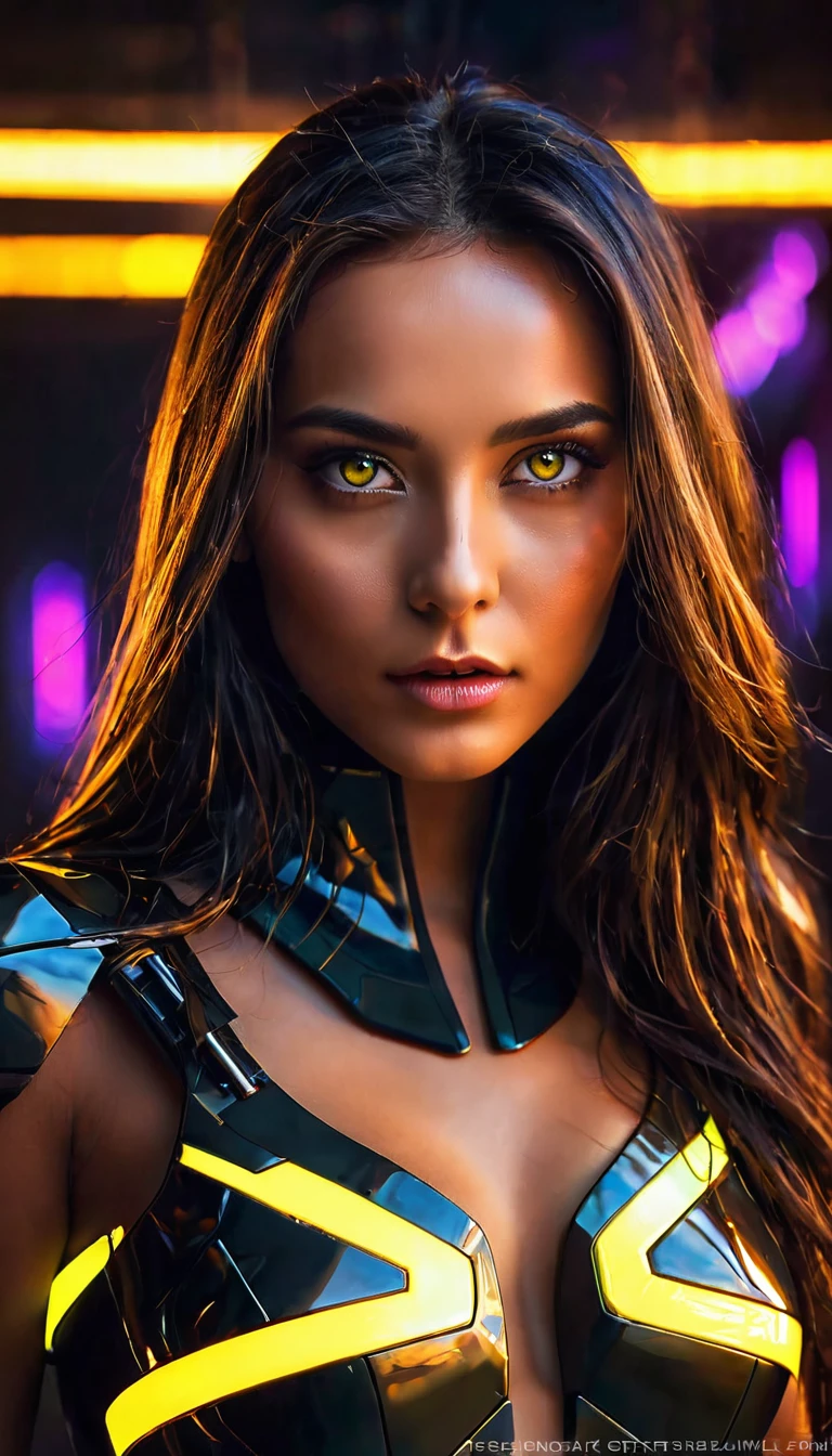 bright yellow eyes, ultra-detailed,vibrant colors,sci-fi,portrait,dramatic lighting,detailed facial features,dark background,long hair,glowing eyes,futuristic clothing,expressionless face,metallic texture,bright highlights,high contrast,radiant colors,artificial intelligence theme,sharp focus,technological elements,shadows and highlights,ethereal glow,neon lights,stormy atmosphere,otherworldly setting,unconventional composition,sharp lines,sleek design,mysterious atmosphere,unearthly beauty,digital enhancements,advanced technology,glowing circuitry,abstract background,ominous presence,subtle reflections,energetic pose,unique perspective,foreshortening effect,symmetrical composition,imposing presence,dynamic energy,striking visual impact,translucent overlays,organic and mechanical fusion.