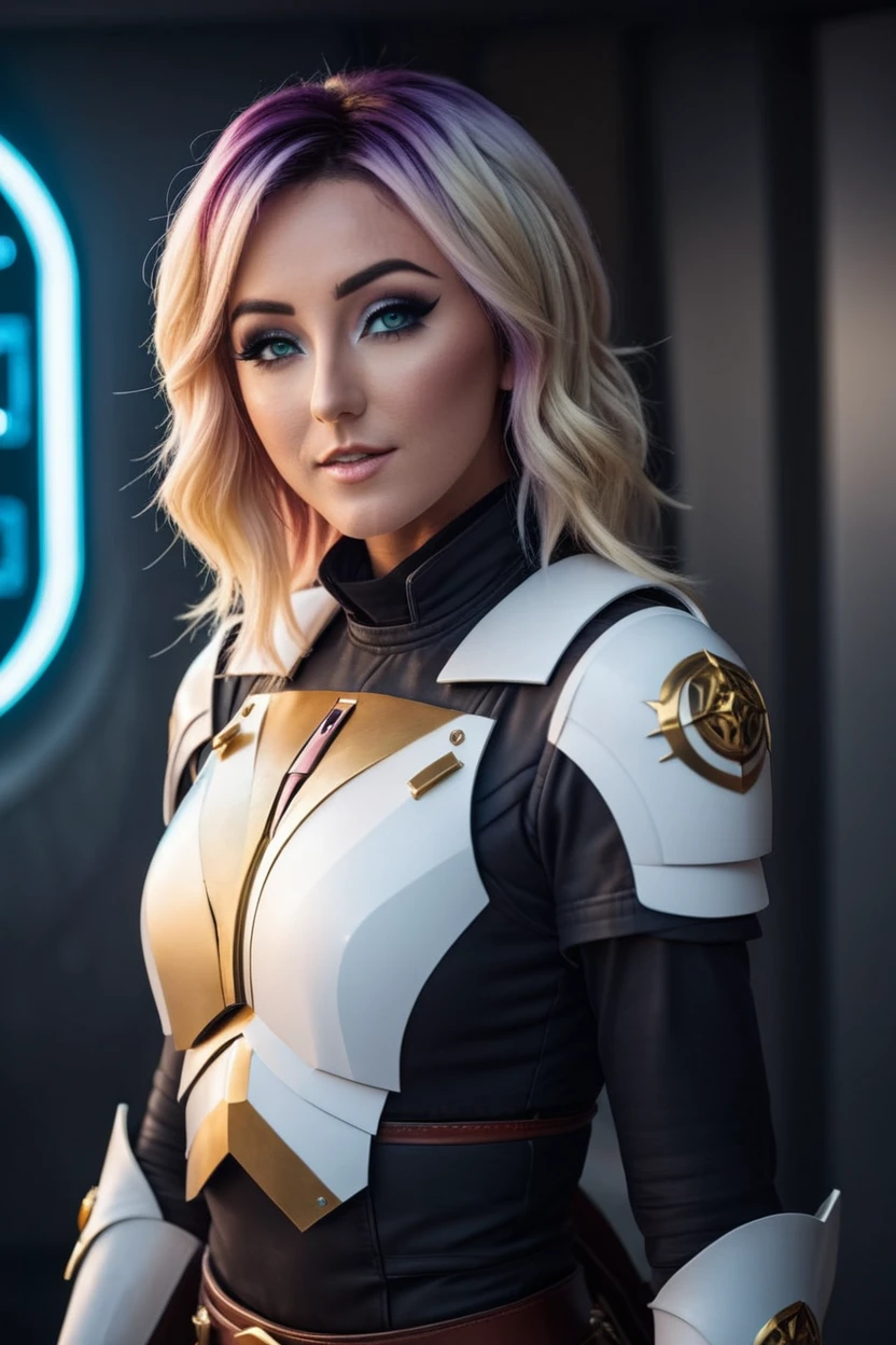 cinematic photo a photograph of a blonde Jessica Nigri wearing armor at observatory. 35mm photograph, film, bokeh, professional, shot by david lachapelle, 4k, highly detailed