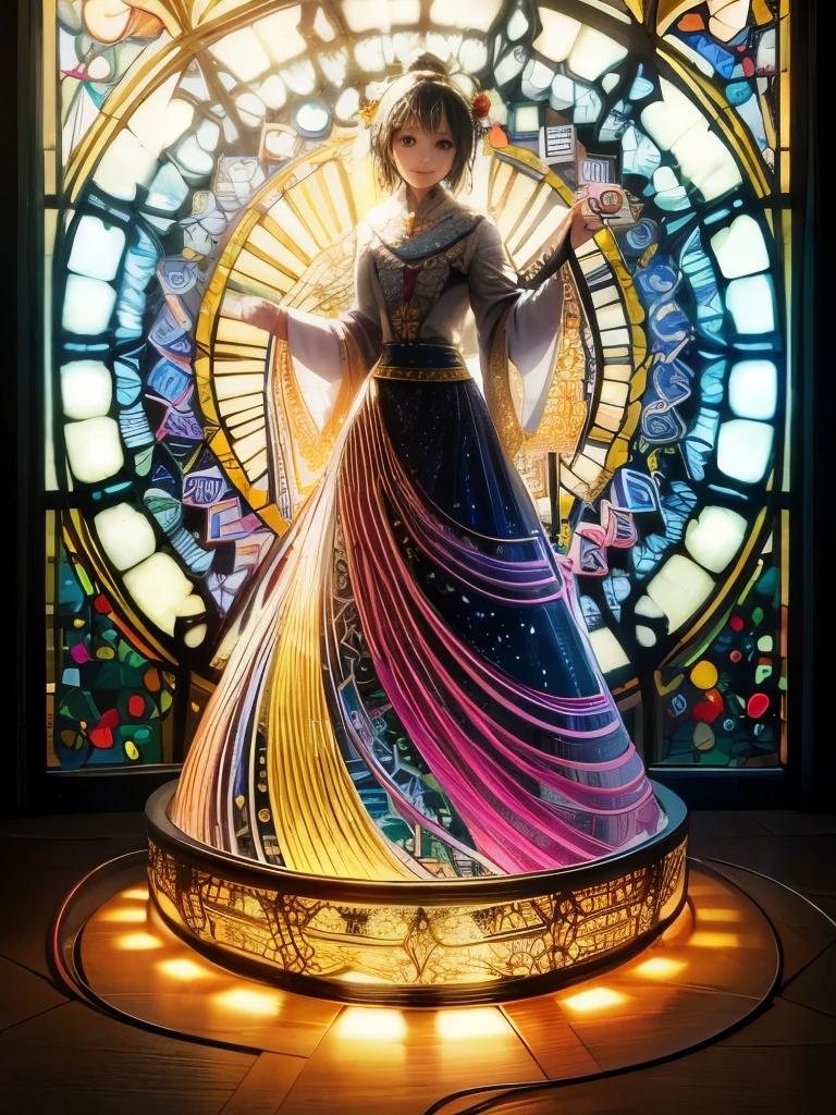 (masterpiece,Highest quality,Highest quality,Official Art,beautifully,Ultra high definition,aesthetic:1.2)、(One girl:1.3)、One girl BREAK stained glass art、Colored Glass、Lead wire、Light transmission BREAK Vivid colors、Intricate Design、Glowing effect、Spiritual atmosphere、