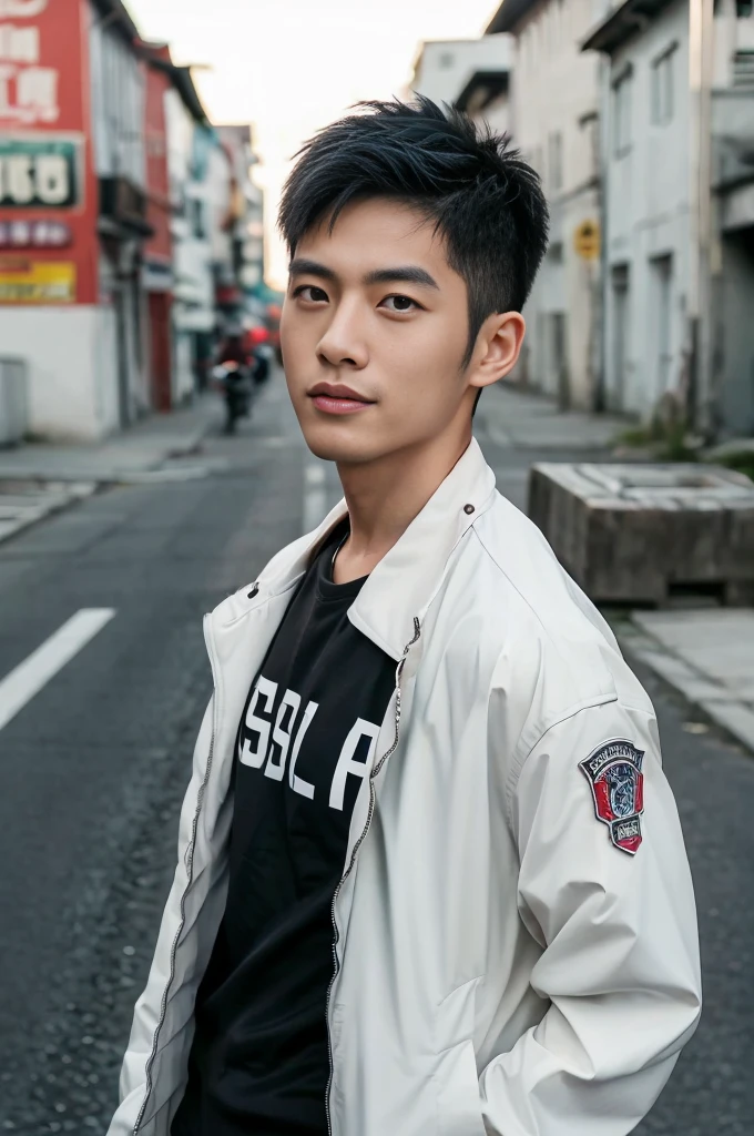 Masterpiece, best quality best, 1 young man, Asian man, East Asian people, one person, The muscles are in good proportion., Posing obscenely, short hair details， white teeth, jacket set, road background, Realistic style，photography，Can be seen from the front, see viewersMasterpiece, best quality best, 1 young man, Asian man, East Asian people, one person, The muscles are in good proportion., Posing obscenely, short hair details， white teeth, jacket set, road background, Realistic style，photography，Can be seen from the front, see viewers