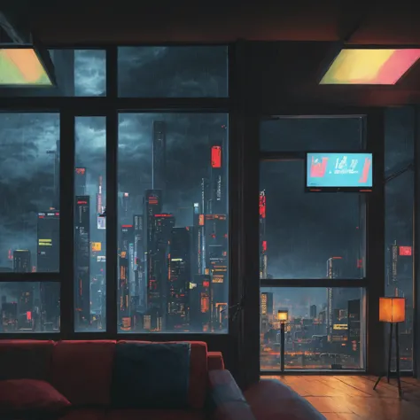 (masterpiece), (dark clouds), (cyberpunk living room), (indoor), (window), (rainy weather), (cyberpunk city), (realistic illustr...