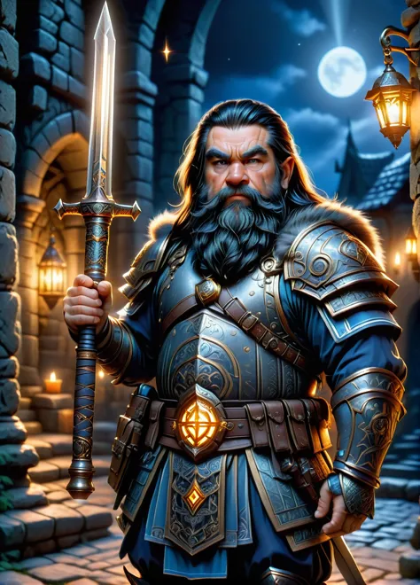 dwarf warrior, mature male, long black hair, beard, dwarf symbols and patterns, old ruins at night, (holding a weapon: 1.1), ful...