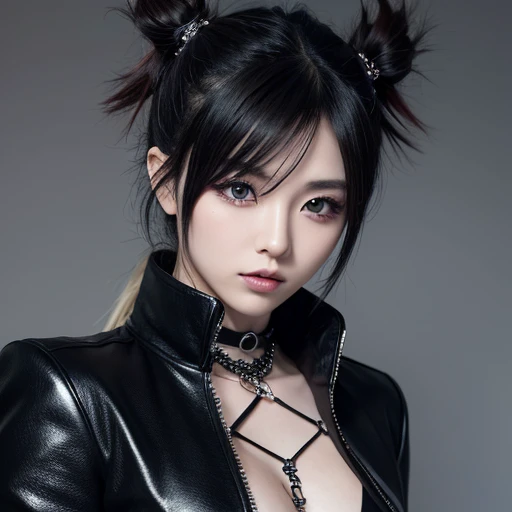 1 Japanese woman, female, Asian eyes, dragon, hairstyle in Visual Kei style, hair Visual Kei, outfit rocker,  ultra-detailed face and eyes, hyper-realistic, realistic representation, 30 years old, age 30 years, full body,  black and blonde hair
