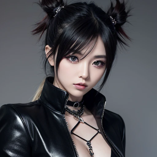 1 Japanerin, weiblich, Asiatische Augen, Drachen, Frisur im Visual Kei-Stil, Haare Visual Kei, outfit rocker,  ultra-detailliertes Gesicht und Augen, Hyperrealistisch, realistische Darstellung, 30 Jahre alt, Alter 30 Jahre, Ganzkörper,  schwarzes und blondes Haar