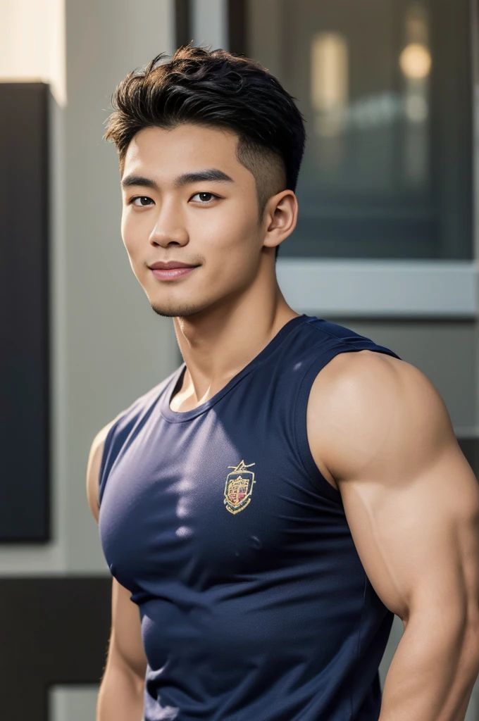 ((de la máxima calidad, 8k, Obra maestra: 1.3))、Thailand Laos Burma Asia, Hombre tailandés, Un apuesto jugador de rugby asiático con pelo corto., una barba musculosa, y grandes músculos., １un hombre que tiene、 ellos、Buena apariencia、hermosa nariz、sonrisa、 ojos y rostro detallados、luz hermosa、(studio)、alta resolución、（Mira la vista. Boca fina.、sonrisa、todo el cuerpo: 1.5, cuerpo perfecto: 1.3, foto de ambos hombros:1.3, Camiseta cuello redondo azul marino:1.5