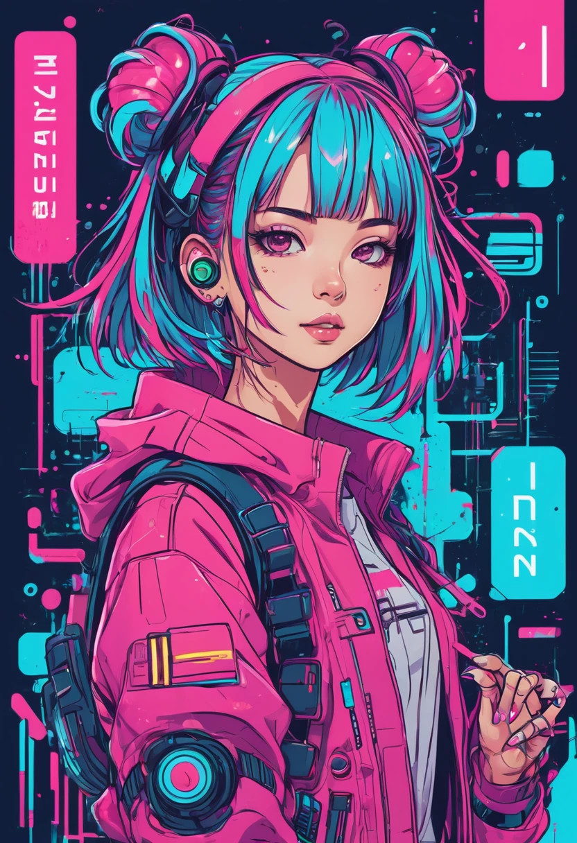 cheered up, A girl, kawaii, cyberpunk, showy, ink paint line art, vector art, thick lines, glitch art, Flat colors, Clave visual, Vibrant, Technical drawing, line art, minimalist, Masterpiece,