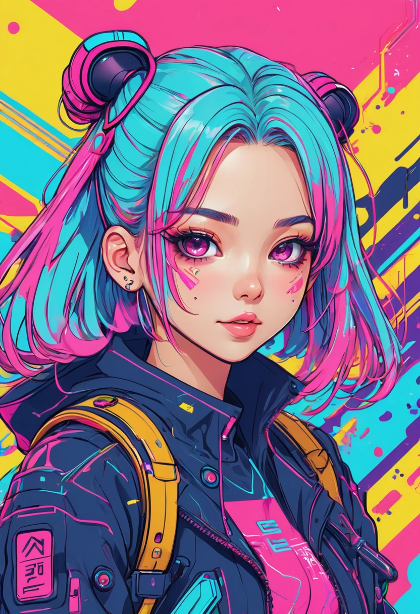 cheered up, A girl, kawaii, cyberpunk, showy, ink paint line art, vector art, thick lines, glitch art, Flat colors, Clave visual, Vibrant, Technical drawing, line art, minimalist, Masterpiece,