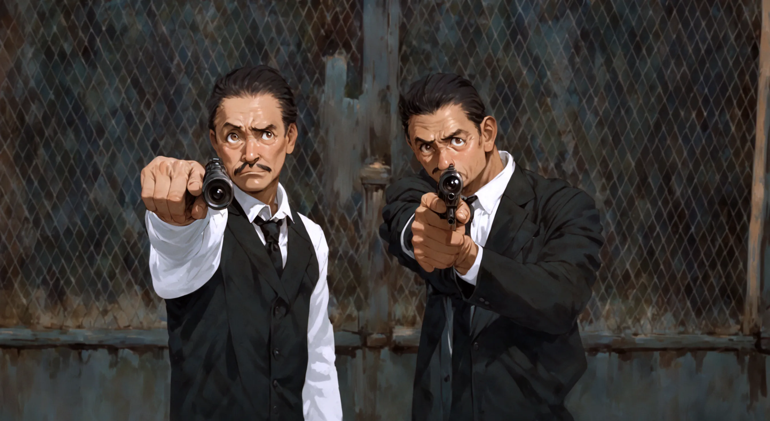 they are two men in suits pointing guns at the camera, studio ghibli anime,