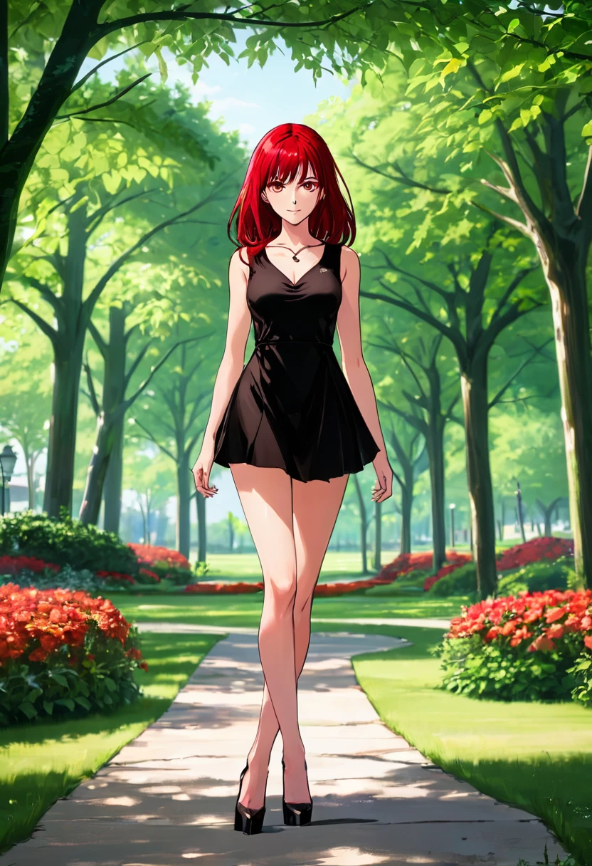 ((High Quality image 10k)) (( perfect autonomy)) Masterpiece, solo girl, brown eyes, red hair, wearing sleeveless black shirt, naked Bottom, pussy focus, sexy legs, evil smug grin, barefoot, Standing, in the park 