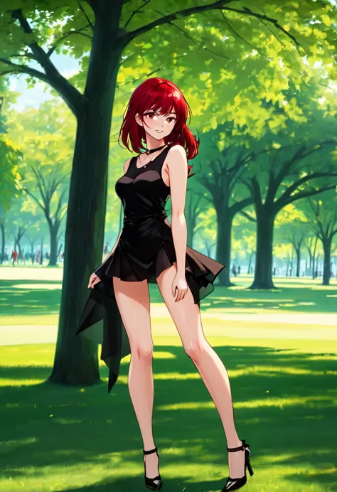 ((High Quality image 10k)) (( perfect autonomy)) Masterpiece, solo girl, brown eyes, red hair, wearing sleeveless black shirt, n...