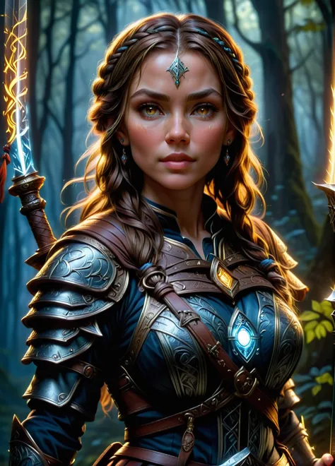 grizzled human adventurer warrior, mature female focus, (braided brown hair: 1.1), (face scar: 1.0), guild symbols and patterns,...