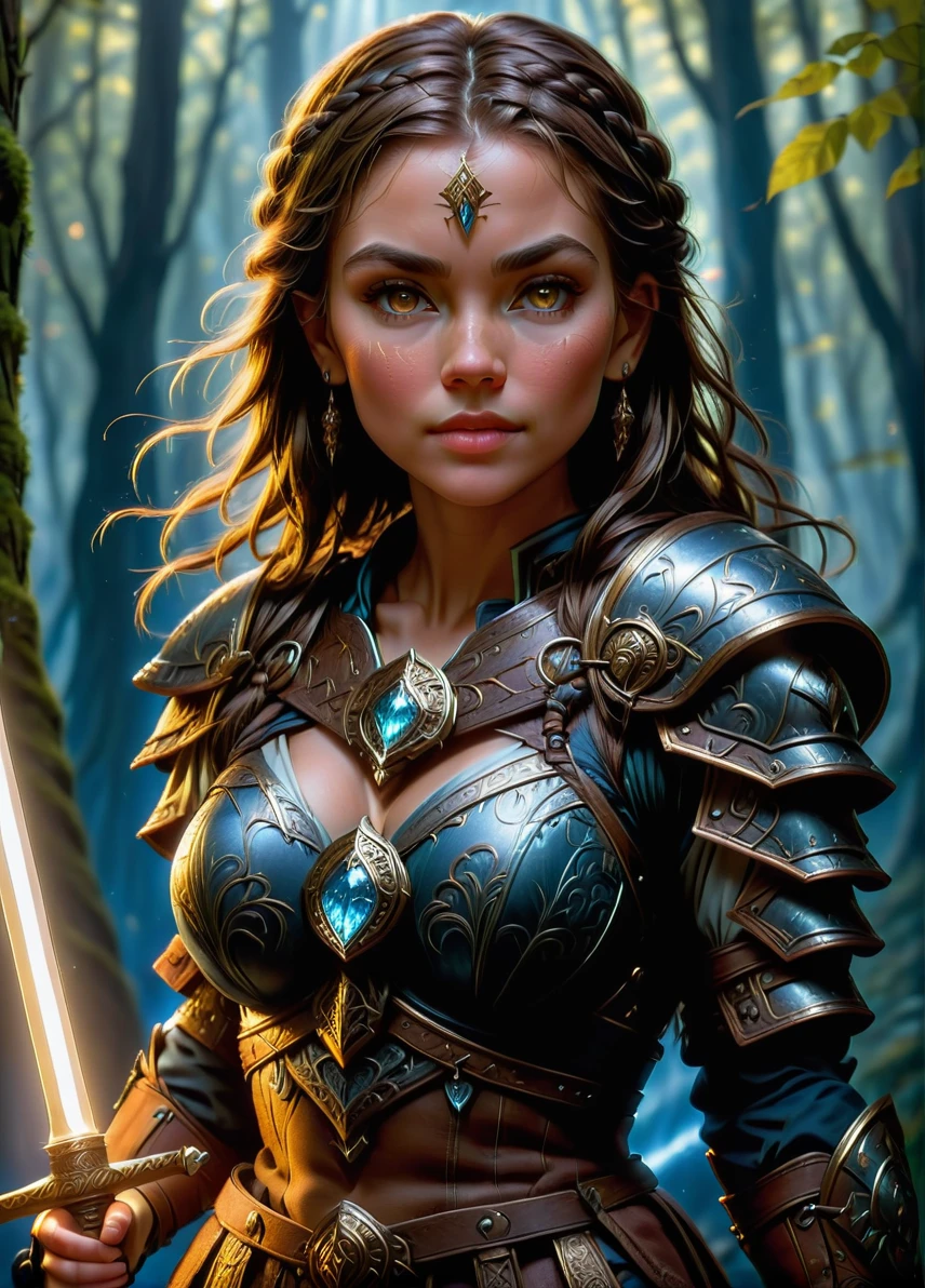 grizzled human adventurer warrior, mature female focus, (braided brown hair: 1.1), (face scar: 1.0), guild symbols and patterns, dark ethereal fantasy forest at night, holding an iron sword, full shot, ((looking at viewer:1.2), (from side:0.8)), full armor, athletic, volumetric lighting dynamic lighting, real shadows, vibrant contrasting colors, style of Stephen Hickman and Stan Manoukian, ultra realistic, masterpiece, high quality, highres, sharp focus, intricate, sharp details, highly detailed, rich color, 8K,