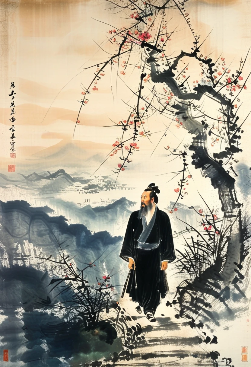 A portrait of Li Bai, the renowned Tang Dynasty poet, in the style of Fu Baoshi, with a bold and expressive brushstroke, capturing his free-spirited and romantic nature. He should be depicted standing in a mountain landscape, with a scroll in his hand and a look of inspiration on his face. 