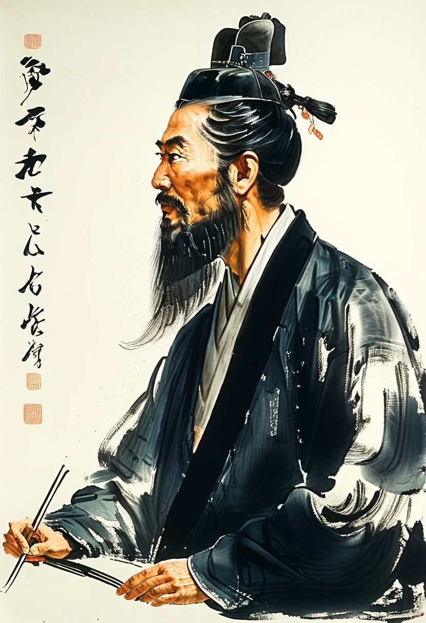 A portrait of Li Bai, the renowned Tang Dynasty poet, in the style of Fu Baoshi, with a bold and expressive brushstroke, capturing his free-spirited and romantic nature. He should be depicted standing in a mountain landscape, with a scroll in his hand and a look of inspiration on his face. 