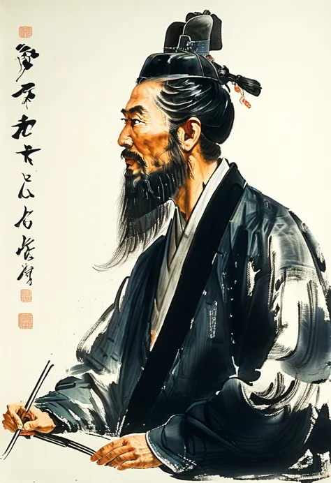 a portrait of li bai, the renowned tang dynasty poet, in the style of fu baoshi, with a bold and expressive brushstroke, capturi...