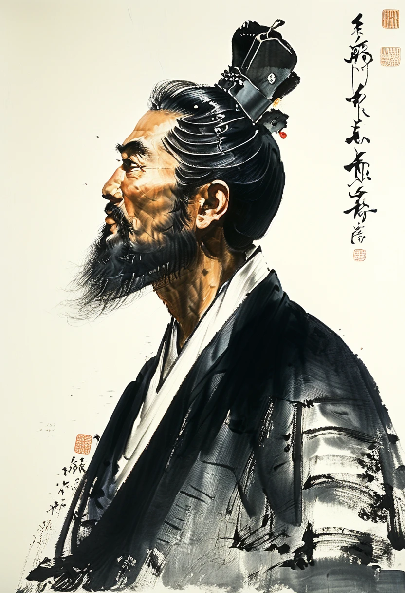 A portrait of Li Bai, the renowned Tang Dynasty poet, in the style of Fu Baoshi, with a bold and expressive brushstroke, capturing his free-spirited and romantic nature. He should be depicted standing in a mountain landscape, with a scroll in his hand and a look of inspiration on his face. 