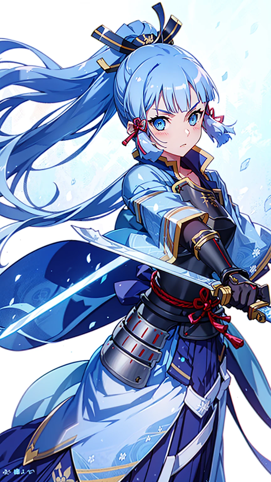 View the viewer, 1 Girl,  Highest quality, Blue Hair, blue eyes, Japanese style armor, Sword in hand, electricity, kamisato ayaka, whole body, blush, Serious face、Very detailed、high resolution、High resolution、Written boundary depth,White Background,A sword as big as your body