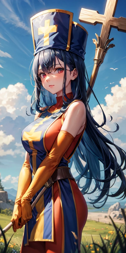 (masterpiece, best quality:1.1), priest \(dq3\), 1girl, solo, long hair, blue hair, red eyes, mitre, tabard, cross print, orange bodysuit, elbow gloves, large breasts, holding, staff, nature, blue sky, cowboy shot, 
