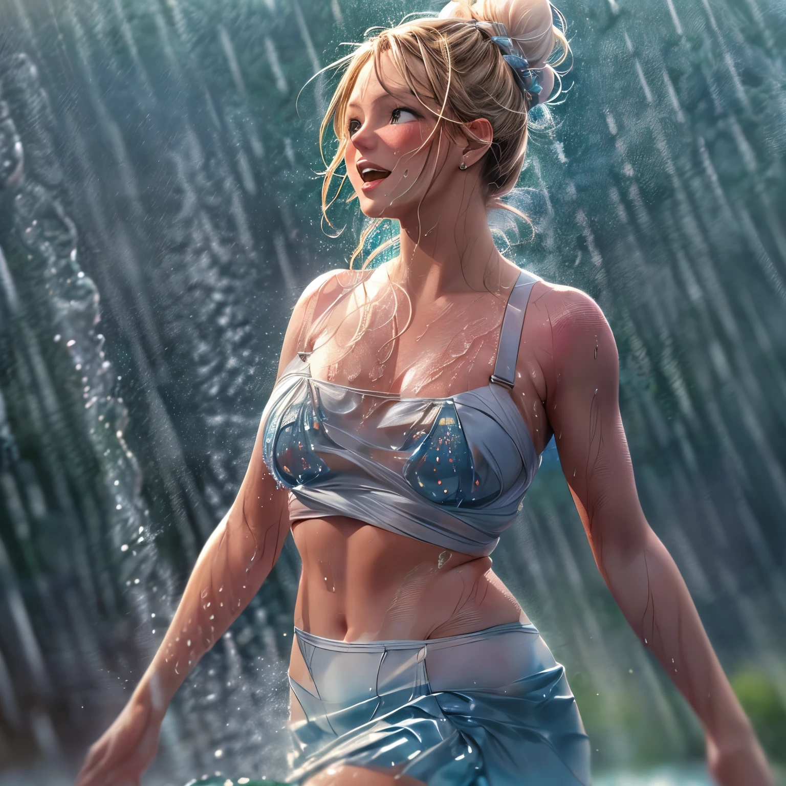 masterpiece of ExtremelyDetailed (ProfessionalPhoto of Stunning women:1.4) Looking at Sky, (((Downpour))), BraidHair with bun, (Joyful Expressions LifeLike Rendering), ((Extremely detailed beautiful face and eyes)) BlushAhegao SmoothArmpit LiquidSoap WhiteBubbles (((WetHair)))  BREAK  PUNIPUNI ((Britney Spears))britneyspears-smf, Beltbra, MysticSight, (Torrential Rain:1.4) (SparklingDrops:1.28) (Overflowing HUGE Underboob Overflowing WaterDrops Overflowing water)(((WetHair WetFace WetSkin:1.37))), (SFW), HiddenHands, MotionBlur (BokeH:1.4), (no extra limbs), (no extra eyebrow), DynamicAngle