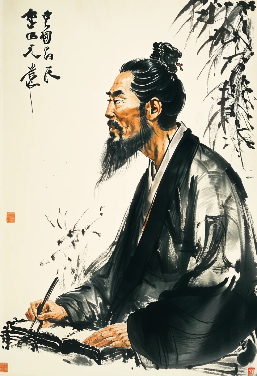 A portrait of Li Bai, the renowned Tang Dynasty poet, in the style of Fu Baoshi, with a bold and expressive brushstroke, capturing his free-spirited and romantic nature. He should be depicted standing in a mountain landscape, with a scroll in his hand and a look of inspiration on his face. 