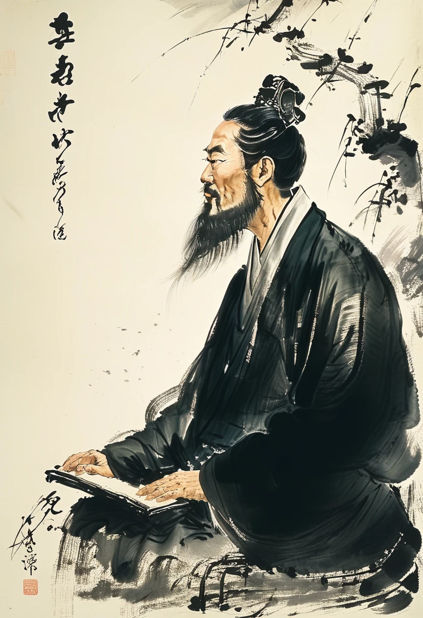 A portrait of Li Bai, the renowned Tang Dynasty poet, in the style of Fu Baoshi, with a bold and expressive brushstroke, capturing his free-spirited and romantic nature. He should be depicted standing in a mountain landscape, with a scroll in his hand and a look of inspiration on his face. 