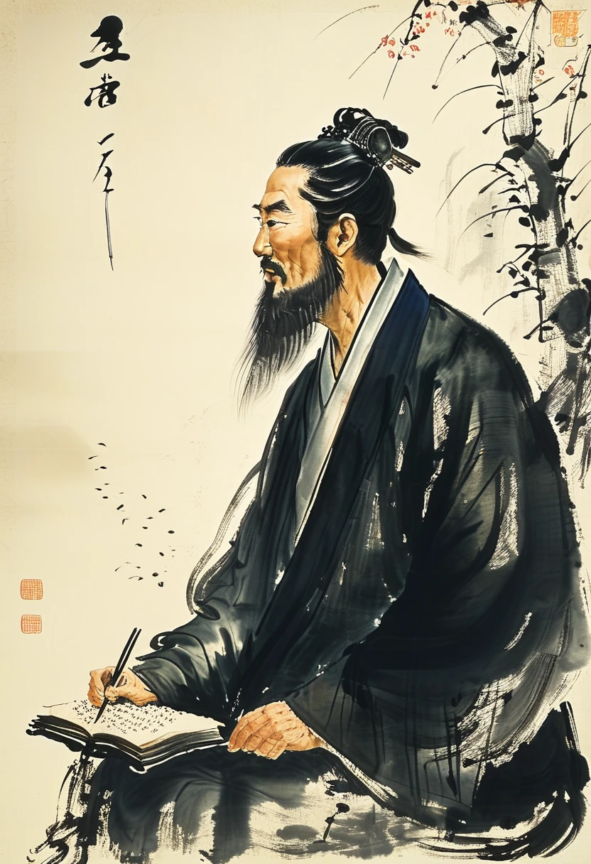 A portrait of Li Bai, the renowned Tang Dynasty poet, in the style of Fu Baoshi, with a bold and expressive brushstroke, capturing his free-spirited and romantic nature. He should be depicted standing in a mountain landscape, with a scroll in his hand and a look of inspiration on his face. 