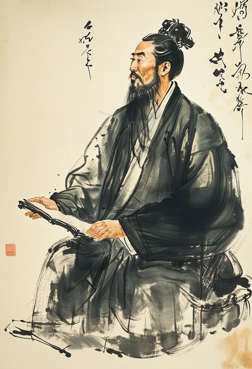 A portrait of Li Bai, the renowned Tang Dynasty poet, in the style of Fu Baoshi, with a bold and expressive brushstroke, capturing his free-spirited and romantic nature. He should be depicted standing in a mountain landscape, with a scroll in his hand and a look of inspiration on his face. 