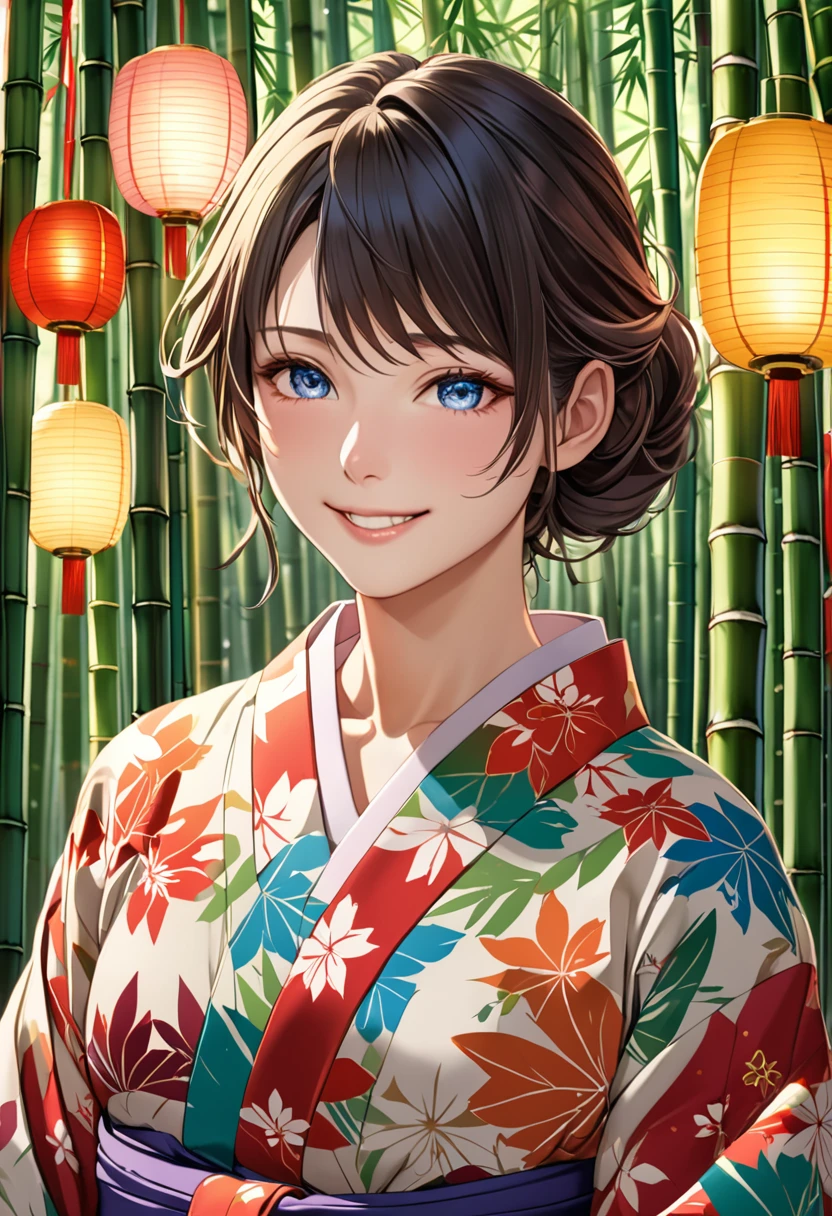 (masterpiece, 8K, Absurd, Digital Art, Digital Illustration, Realistic, Very detailed, Realistic lighting), (Perfect Face, Perfect Eyes, Perfect body), male,1 person、Miyabi、Tanabata Festival Night、若いmale性が笹の葉に短冊を結んでいます。She wears a traditional yukata、I'm smiling happily。The background is full of colorful strips of paper and decorations.、A gentle light illuminates the surroundings、It creates a bright and festive atmosphere for the festival.。The light filtering through the bamboo leaves highlights the woman&#39;s smile.。