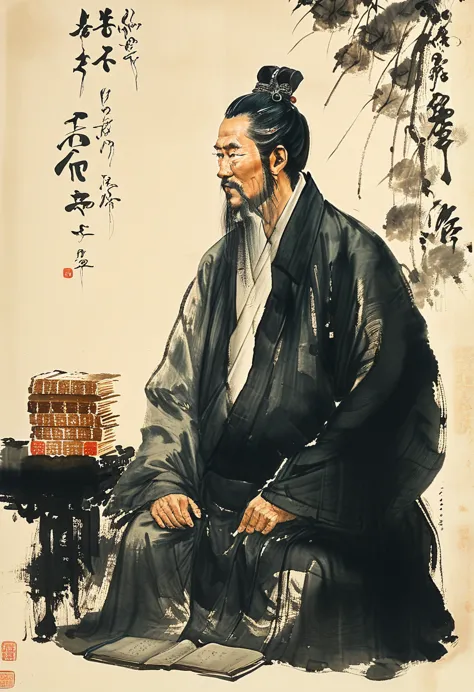 a figure painting of du fu, the great tang dynasty poet, in the style of fu baoshi, with a somber and contemplative expression, ...