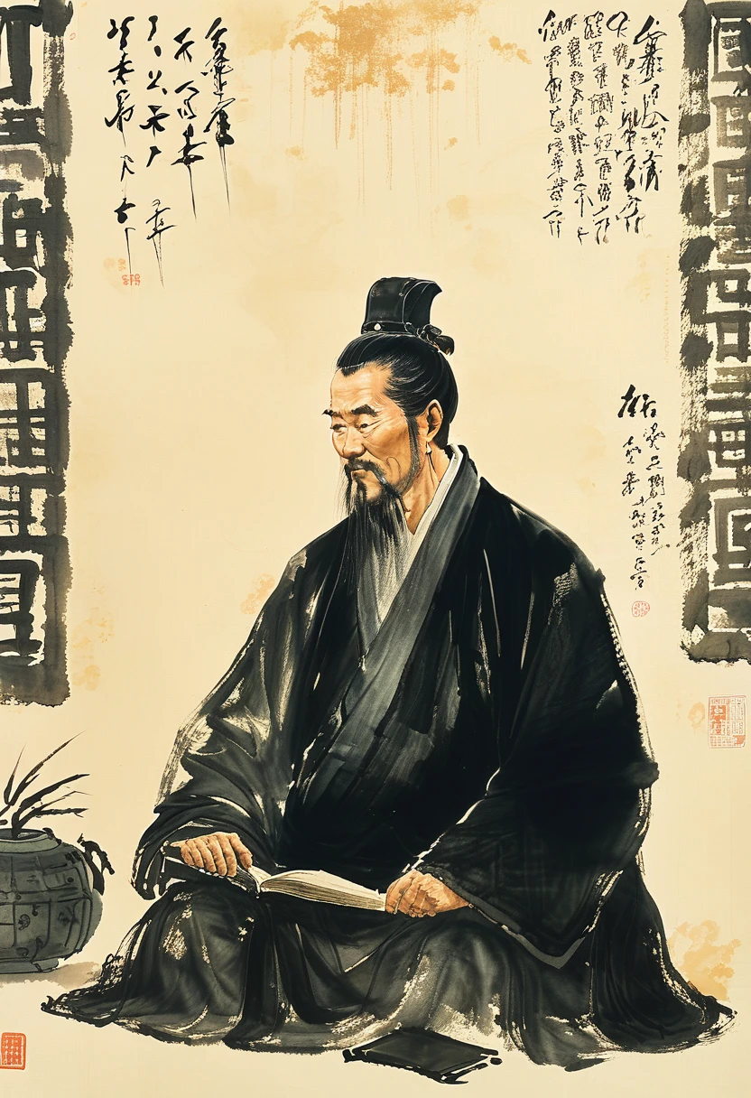 A figure painting of Du Fu, the great Tang Dynasty poet, in the style of Fu Baoshi, with a somber and contemplative expression, reflecting his deep concern for the people and his times. He should be shown seated in a humble abode, surrounded by books and scrolls, his face etched with worry and sadness. 