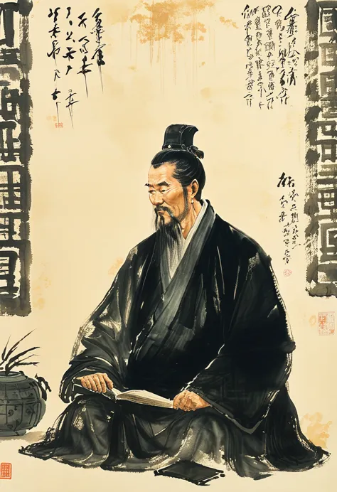 a figure painting of du fu, the great tang dynasty poet, in the style of fu baoshi, with a somber and contemplative expression, ...