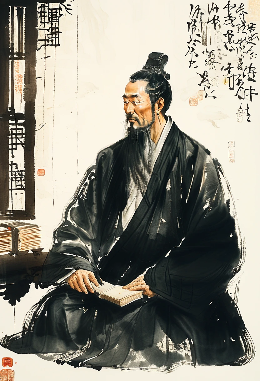 A figure painting of Du Fu, the great Tang Dynasty poet, in the style of Fu Baoshi, with a somber and contemplative expression, reflecting his deep concern for the people and his times. He should be shown seated in a humble abode, surrounded by books and scrolls, his face etched with worry and sadness. 