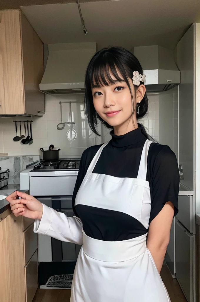 Browsing Caution:1.1、Active women, smile、Age: 40 years old, Mature Woman, Bake cookies in a sunny kitchen, Surrounded by flour, Stir the bowl,Japanese、Black long sleeve turtleneck、Huge breasts 、Black Hair、Wearing a white apron、((Super tight clothes))、(blunt bangs)