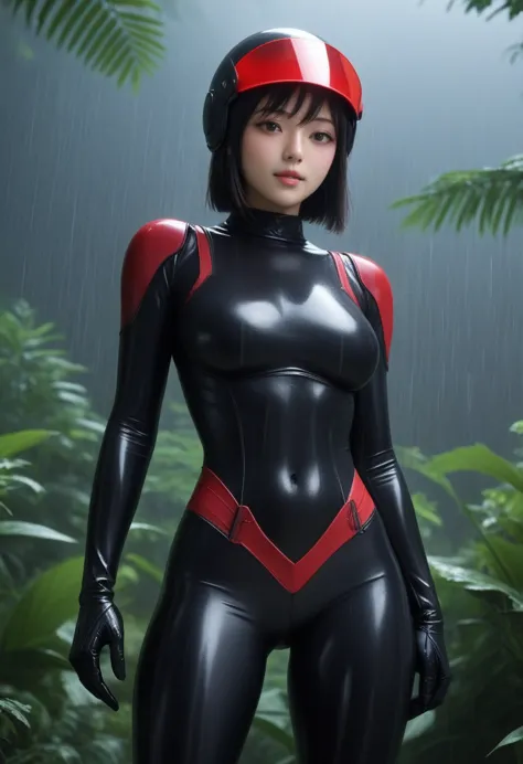 zPDXL, source_anime, BREAK Trilla, ((helmet with red translucent visor)), , armor,black gloves,tight bodysuit,,black pants, BREA...