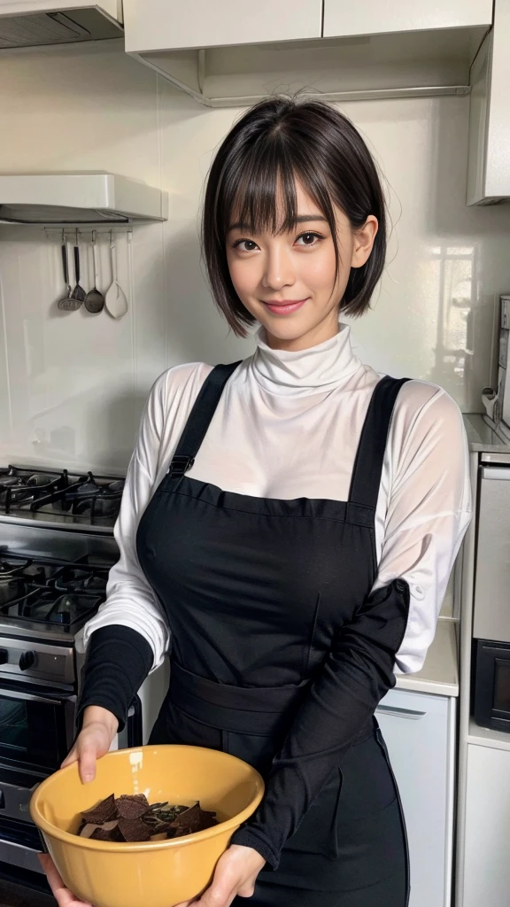 Browsing Caution:1.1、Active women, smile、Age: 40 years old, Mature Woman, Bake cookies in a sunny kitchen, Surrounded by flour, Stir the bowl,Japanese、Black long sleeve turtleneck、Huge breasts 、short hair、Black-haired、Wearing a white apron、、((Super tight clothes))、(blunt bangs)