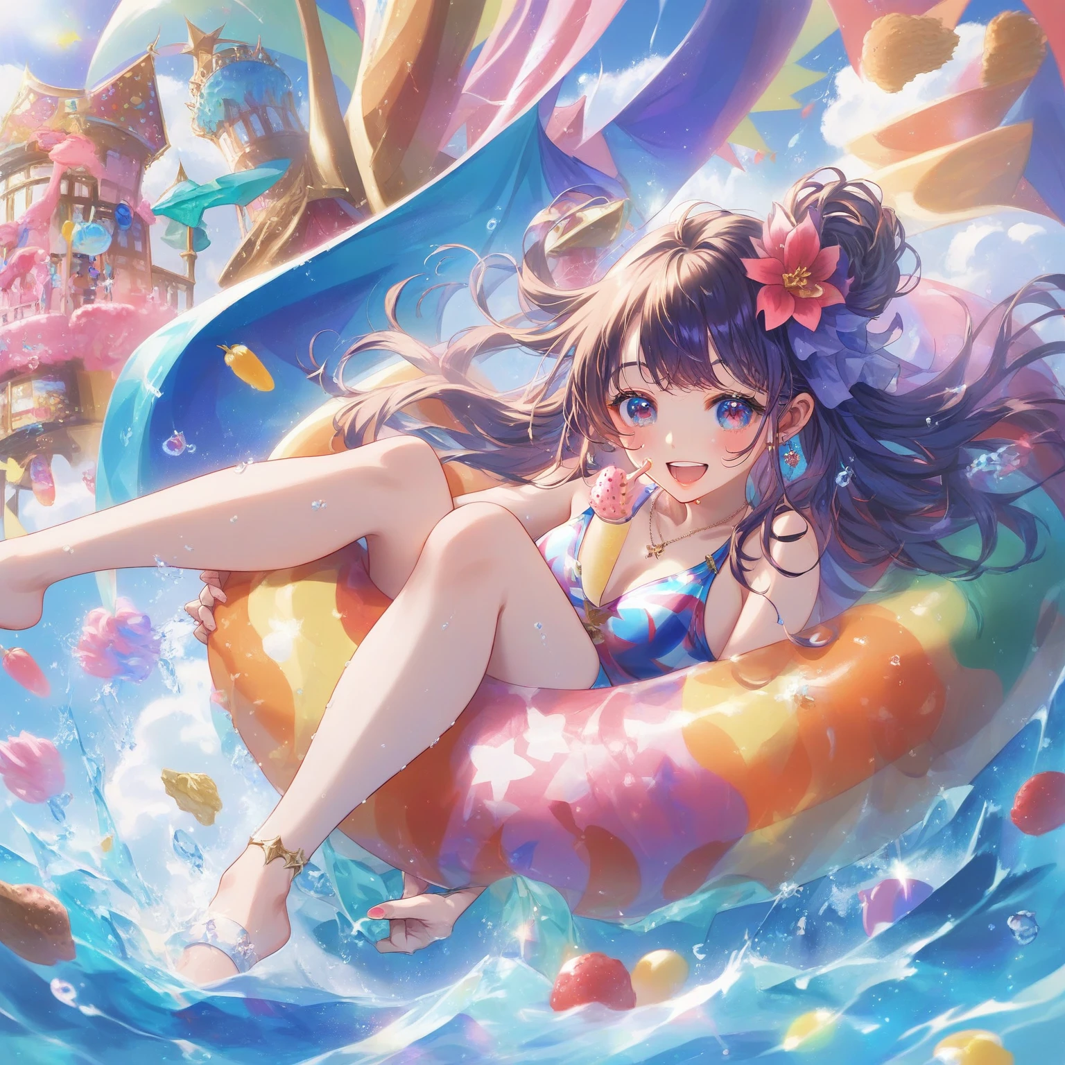 score_9, score_8_up, score_7_up, source_anime,masterpiece, best quality, high resolution, extremely detailed CG, absurdres, highres, A dreamy water playground, all the buildings are made of ice cream, the ice cream castle is colorful, and the girl in swimsuit is sliding down the water slide, very happy, (((vivid color)))