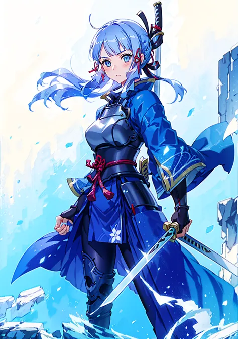 view the viewer, 1 girl,  highest quality, blue hair, blue eyes, japanese style armor, sword in hand, electricity, kamisato ayak...