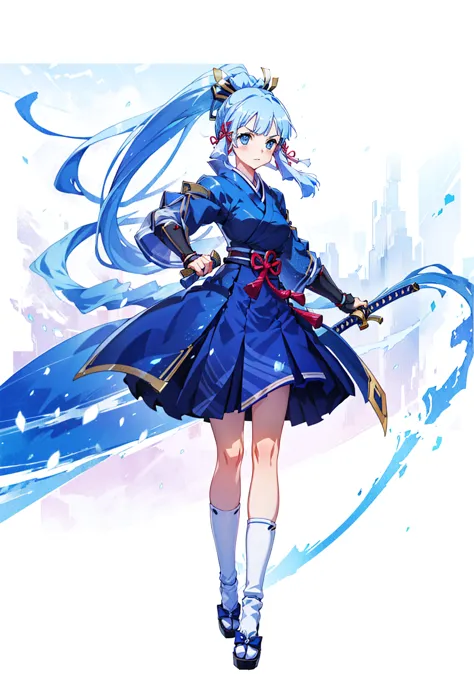 view the viewer, 1 girl,  highest quality, blue hair, blue eyes, japanese style armor, sword in hand, electricity, kamisato ayak...