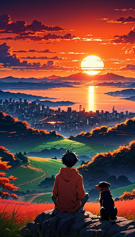 high quality, 8k ultra hd, great detail, masterpiece, an anime style digital illustration, anime landscape of a boy with his dog...