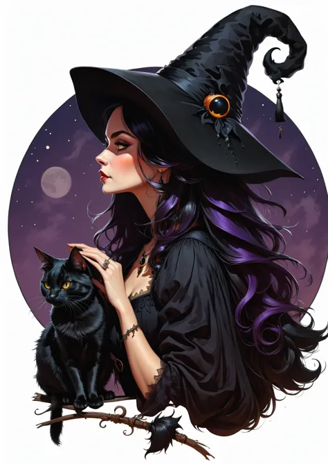 ((best quality)), ((masterpiece)), (detailed), 2d illustration, a very beautiful portrait of a witch in profile, she wears a big...