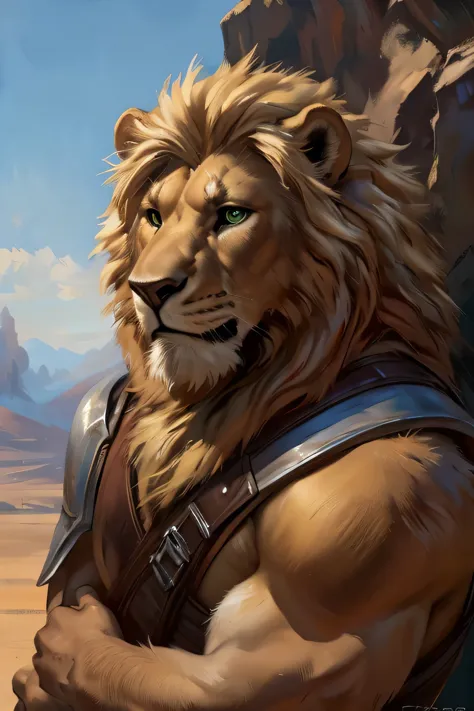 Lion, mong blond mane, black beard, green eyes, realistic eyes, posted on e621, furry body, anthro body, anthro lion, feral paws...