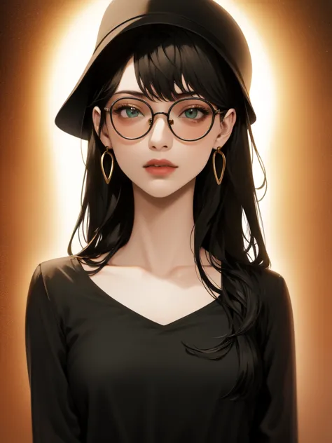 a young woman with long black hair, green eyes, round glasses, black hat with golden detail, gold hoop earrings, detailed facial...