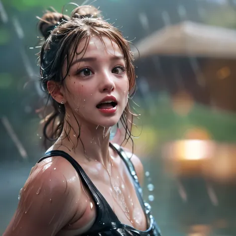 masterpiece of ExtremelyDetailed (ProfessionalPhoto of Stunning women:1.4) Looking at Sky, (((Downpour))), BraidHair with bun, (...