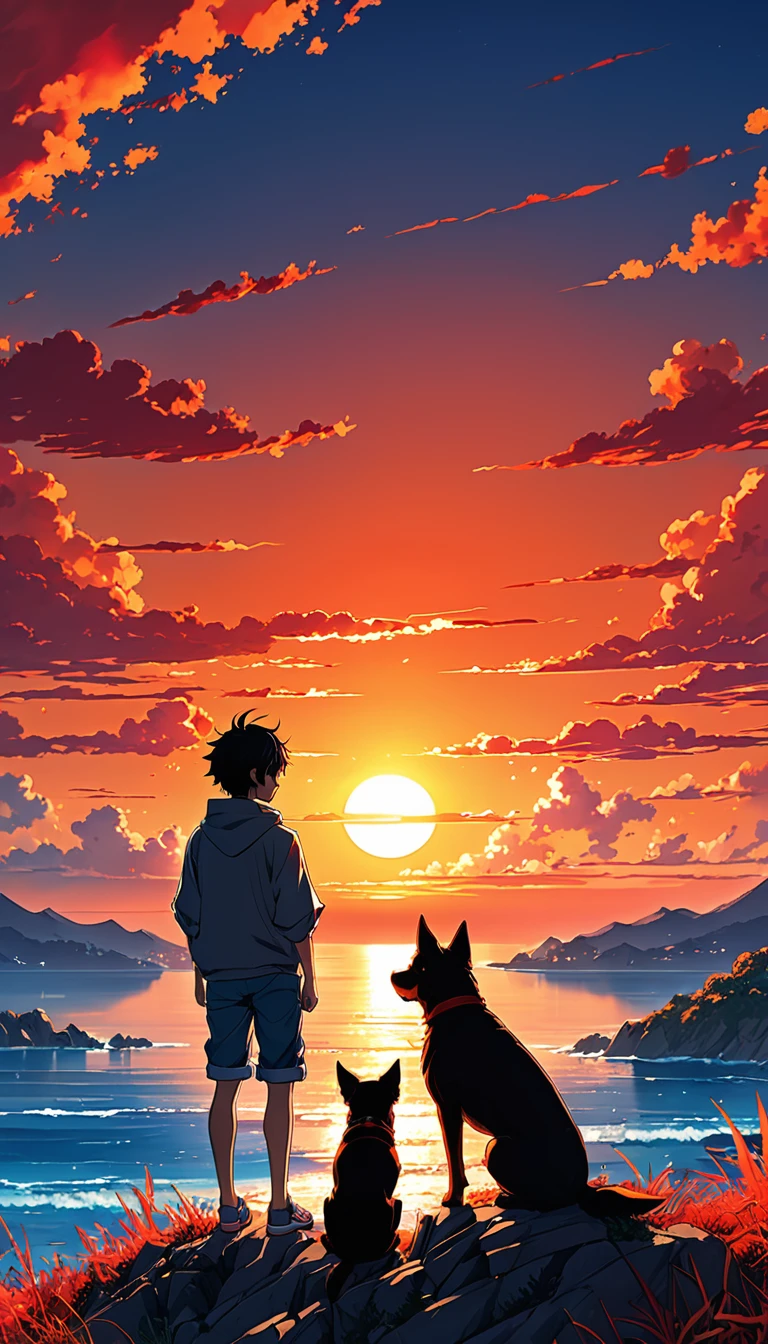 high quality, 8K Ultra HD, great detail, masterpiece, an anime style digital illustration, anime landscape of a boy with his dog sitting on a hill, ocean, looking at a hellish orange and red sunset, nature anime wallpapers with a serene sky, anime beautiful scene, beautiful anime peace scene, Makoto Shinkai Cyril Rolando, beautiful anime scene, amazing wallpaper, 8k anime art wallpaper, anime background, art anime background, anime wallpaper 4k, anime art wallpaper 4k, 4k